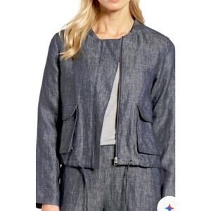 Halogen Denim Look 100% Linen Bomber Jacket Size Small Beachy Summer Lightweight